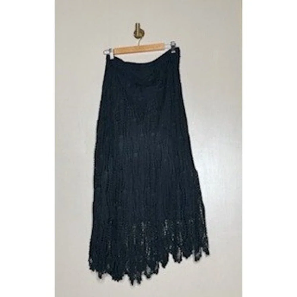 Mix Nouveau Black Crochet Maxi Skirt Asymmetrical Handkerchief Hem Boho M - Picture 6 of 8
